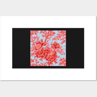 Coral flowers on sky blue toile Posters and Art